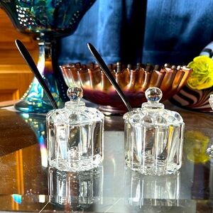 2 vintage salt cellars with sterling plated spoons clear glass with lids